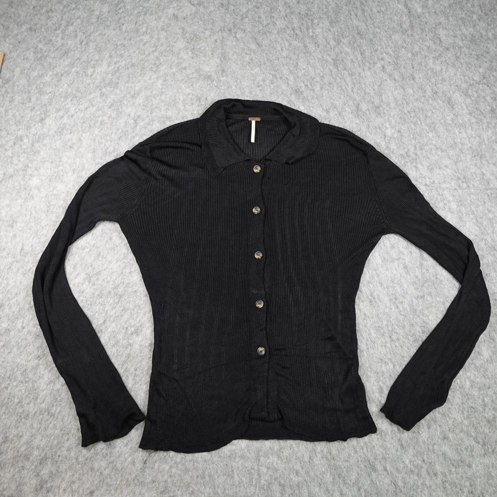Free People Top Women Extra Small Black Ribbed Button Down Collared Long Sleeve